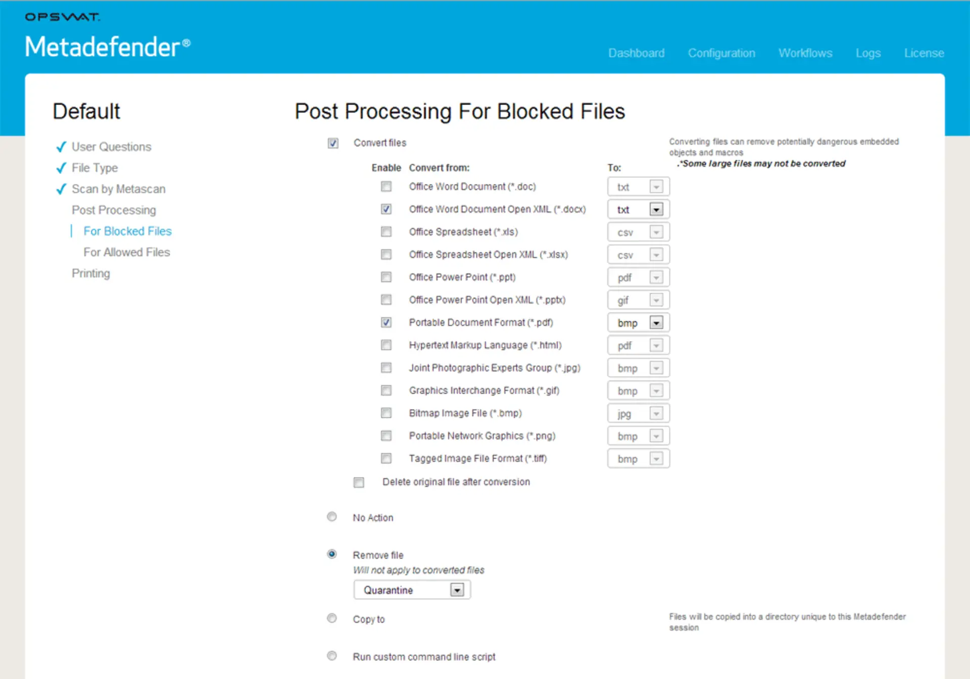 Optionen nachdem Dateien mit Metadefender Kiosk Datenschleuse geblockt werden