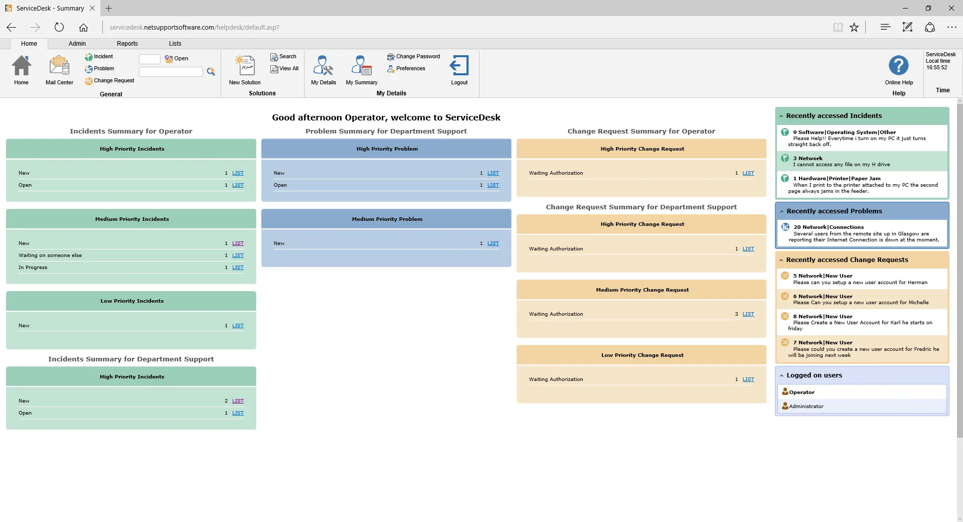 Übersicht der aktuellen Vorfälle pro Operator sowie Change-Requests in NetSupport SericeDesk