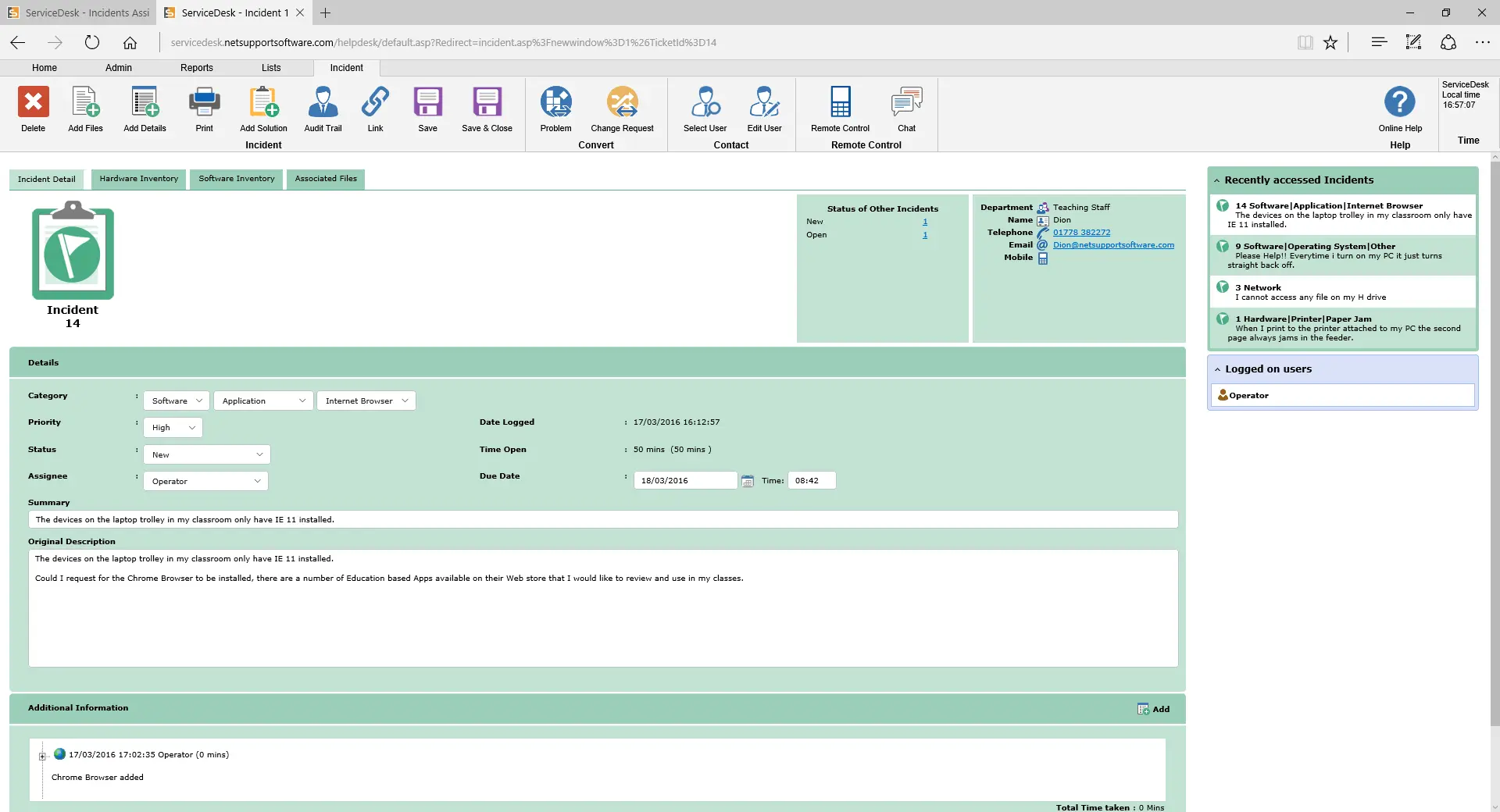 Vorfall wird über NetSupport ServiceDesk gemeldet