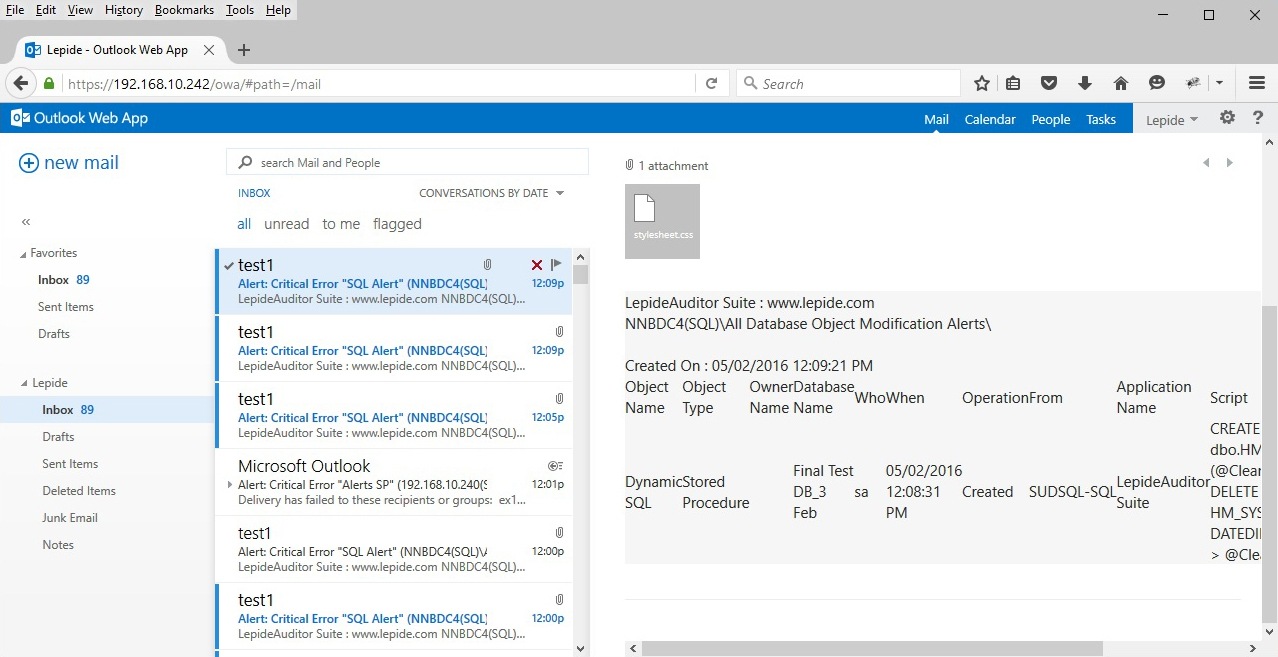 Change-Auditing Lepide Auditor SQL Server Alarm Screenshot